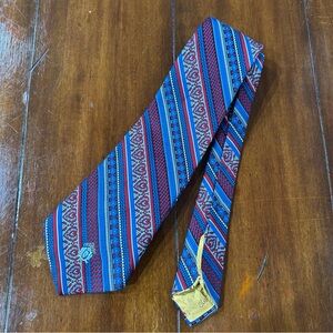 Vintage Oleg Cassini Tie Red Blue Geometric Stripe 80s Designer Wide Necktie